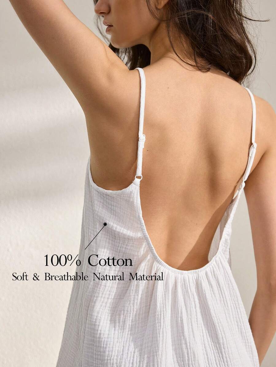 Ocili 100%纯棉双层绉纱舒适柔软简约纯棉吊带露背睡裙（女士款） - 白色 - 查看 1