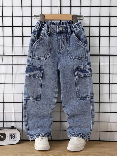Genkimix Kids Quần jean ống đứng nhiều túi mới cho bé trai (size nhỏ), màu xanh dương trung bình, cạp chun, chất liệu cotton mềm mại, thích hợp cho đi học, dã ngoại, du lịch, hoạt động gia đình và tiệc tùng.