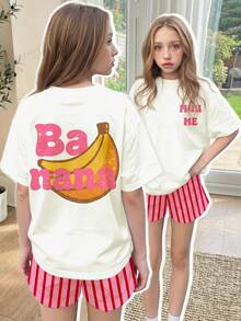 2件套复古甜美可爱香蕉撞色条纹印花图案，少女休闲简约短袖上衣短裤套装，适合夏季返校季、2000年代风格、韩版风格、秋冬季、朋克风、条纹、舒适休闲、时尚童装、嬉皮风、音乐节、复古甜美美式风、校园风、街头时尚、城市漫步、户外野餐、街拍、校园休闲等场合。 - 彩色 - 查看 3