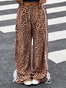 SHEIN Muchic 豹纹撞色条纹蝴蝶结长裤 - 咖啡棕 - 查看 5