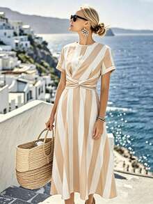SHEIN Holidaya Women's Casual Vacation Style Khaki Striped Mid-Length Dress - Khaki - View 7