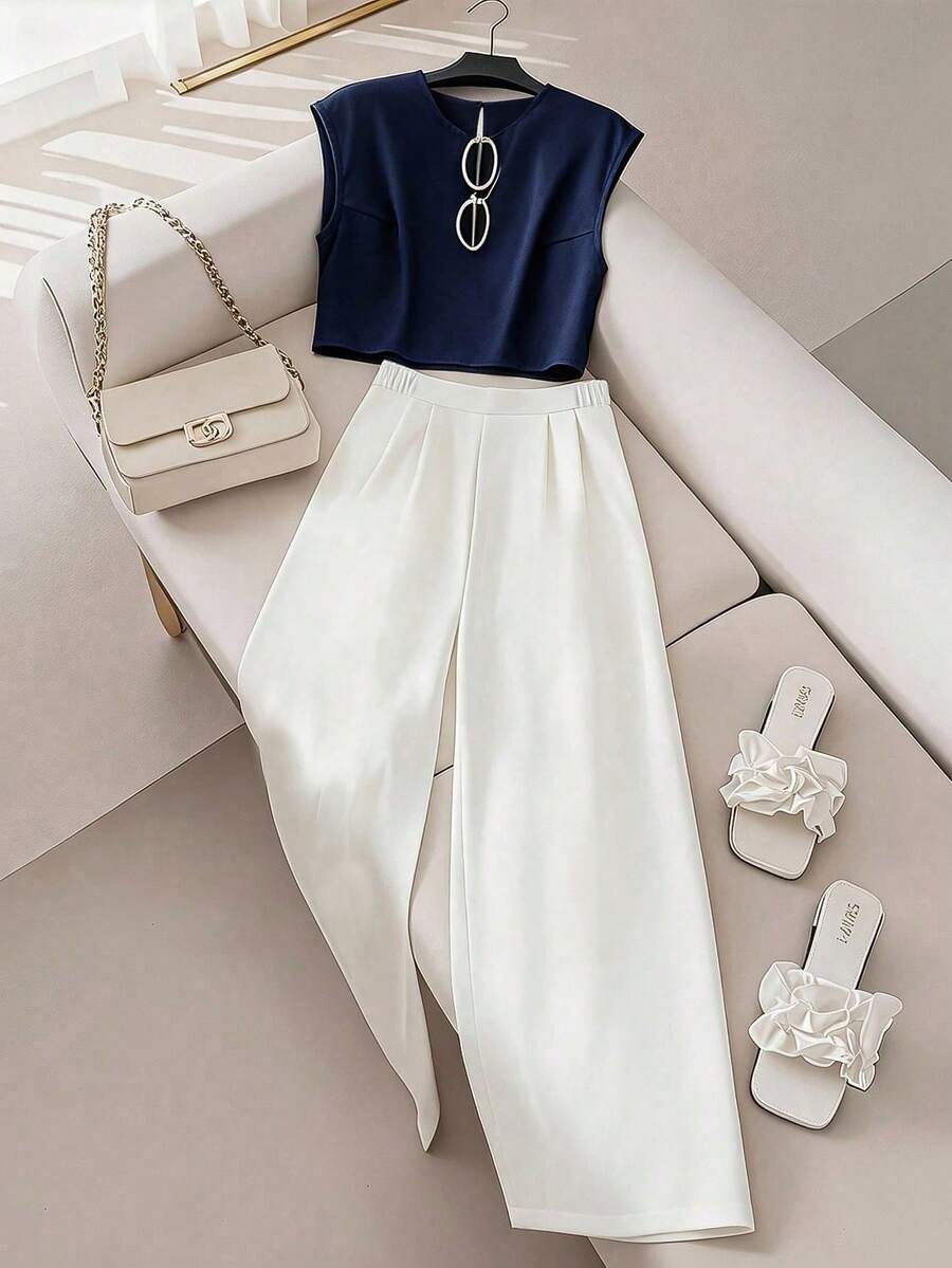 SHEIN Teen Girls 2pcs/Set Elegant Lady Formal Occasion Sleeveless Top And Wide-Leg Pants Set, Summer, Outfit - White - View 1