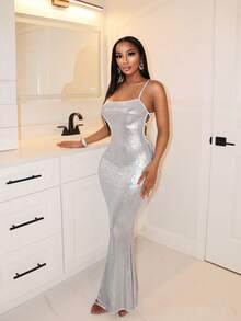 BamGleam Silver Back-Tie Maxi Dress | Sexy Slim Fit Party Dress For Women - Silver - View 5