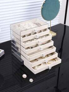 1 pieza Organizador de joyería de gran capacidad con forro de terciopelo y cajones, caja de exhibición apilable de acrílico con múltiples compartimentos para tocador y mesa de vestir - Multicolor - Ver 5