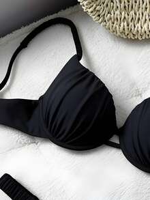Bonvoyette Summer Vacation Beach Rigid Cup Ruched Bikini Set - Black - View 6