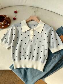 SHEIN EZwear 女款針織波點 Polo 領短袖上衣，優雅通勤百搭，夏季款 - 彩色 - 查看 6
