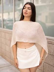 Andrea Bello 性感披肩斗篷百搭针织披肩细肩带 V 领不对称肩部设计上衣，度假风格 - 杏色 - 查看 3