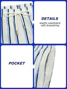 Manfinity Swimmode Men's Drawstring Waist Blue And White Striped Casual Tropical Beach Vacation Shorts Summer Textured Pocket Tropical Swim Bathing Pool Party Gift - Multicolor - View 11