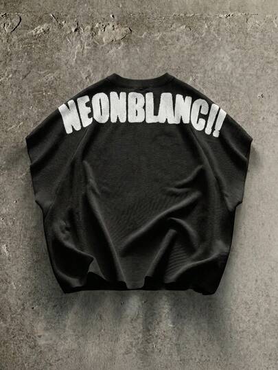 NEON BLANC Men's Street Fashion White Knit Crew Neck Letter Print Knit Tank Top, Suitable For Summer