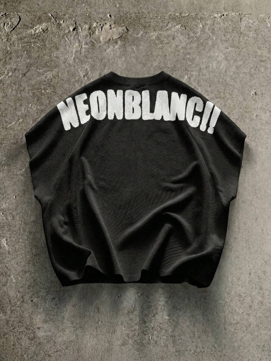 Men's Street Fashion White Knit Crew Neck Letter Print Knit Tank Top, Suitable For Summer - Black - View 1