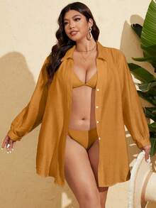 SHEIN X Sofía Suescun Swim Vcay Áo sơ mi dài tay cài cúc một dây dành cho nữ cỡ lớn, áo kiểu đi biển cỡ lớn. - trái cam - Xem 5