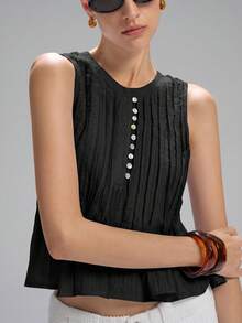 LYSMO Áo tank top không tay bằng vải lanh xếp ly eo dành cho nữ, kiểu dáng tối giản, phong cách nghỉ dưỡng, màu đen, bộ sưu tập Xuân/Hè 2026. - màu đen - Xem 3