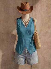 Chaleco estilo BOHO casual de estilo campestre estadounidense en color crema amarillento, con tirantes delgados, adecuado para maestras, oficina, viajes, con aspecto vintage.Blusa de verano para mujer en color amarillo claro, top de verano para mujer, top con lazo amarillo, top envolvente amarillo, top cruzado para mujer, top de verano para mujer de estilo occidental, para maestras de campo - Agua verde azul - Ver 2