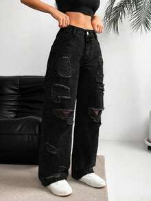 SHEIN EZwear Women Casual Distressed Wide Leg Denim Jeans - Black - View 7