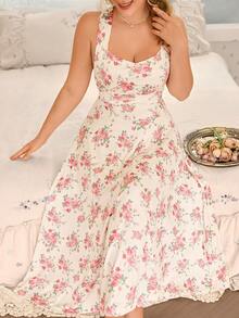 CottageSlumber Floral Print Tie-Waist Backless Long Nightgown, Plus Size - Multicolor - View 4