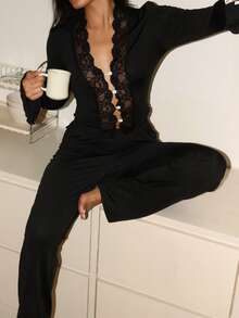 Lowkey Lull Women's Comfortable Lace Patchwork Long Sleeve Pajama Set - Black - View 1