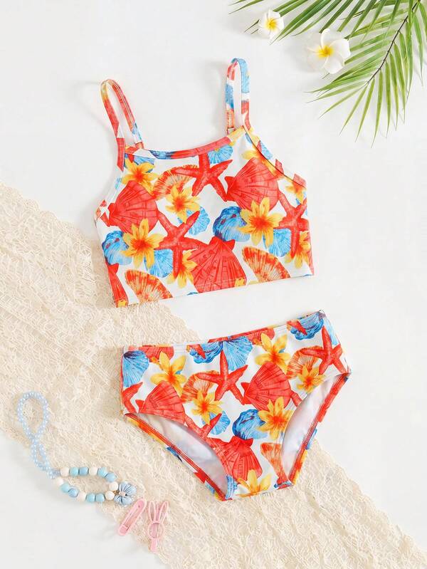 SHEIN Bộ đồ bơi tankini 2 mảnh thanh lịch, ôm sát, nhiều màu sắc, họa tiết sao biển, vỏ sò và hoa cho bé gái, thích hợp cho các hoạt động hàng ngày, đi biển, hồ bơi, mùa xuân và mùa hè.