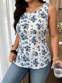 Vionelle Plus Size Women's Fashion Blue & White Floral Sleeveless Fitted Cinched Waist Back Bow Blouse, Regular Fit Spring/Summer - Blue and White - View 2