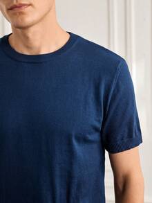 Officeau Men's Casual Solid Color Short Sleeve Pullover Knit Top, Spring/Summer - Navy Blue - View 8