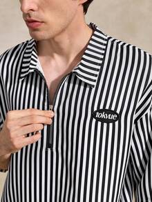 Courvante TOKUVE Herren Casual Poloshirt, Schwarz, Jung & Modisch mit Reißverschluss-Leiste, Minimalistisches gestreiftes Material, Inspiriert von Ins, Geschenk oder Freund - Schwarz - Übersicht 6