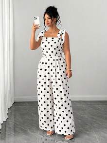 Elenzga Plus Size Women's Elegant Polka Dot Print Tie-Front Jumpsuit, Summer - Black and White - View 5