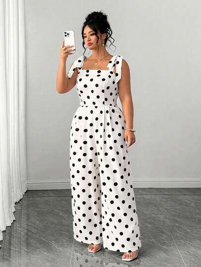 Elenzga Plus Size Women's Elegant Polka Dot Print Tie-Front Jumpsuit, Summer