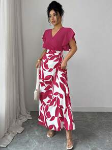 Elenzga 女士优雅酒红色叶子图案褶皱短袖修身连衣裙，春夏款 - 玫紅色 - 查看 8