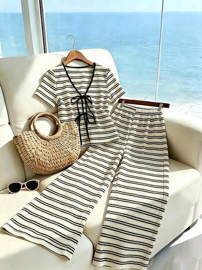 SHEIN PETITE Women's Elegant Apricot & Black Striped V-Neck Bow Tie Waist Short Sleeve Fitted Top + Women's Elegant Apricot & Black Striped Fitted Pants, Spring/Summer