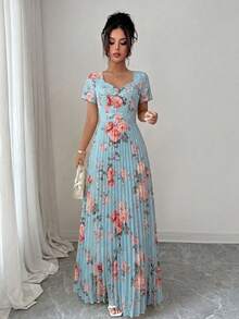 SHEIN Elenzya Đầm chữ A thanh lịch, lãng mạn với họa tiết hoa, xếp ly ở eo và cổ hình trái tim, thích hợp cho tiệc trà và dạo phố. - Nhiều màu - Xem 4