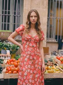 lacRébo Pink Floral Print Red Woven Midi Dress With Short Sleeves And Open Back Detail Chic Spring Summer Holiday Dress Red Vacation Dress French Style Parisian Style - Red - View 1