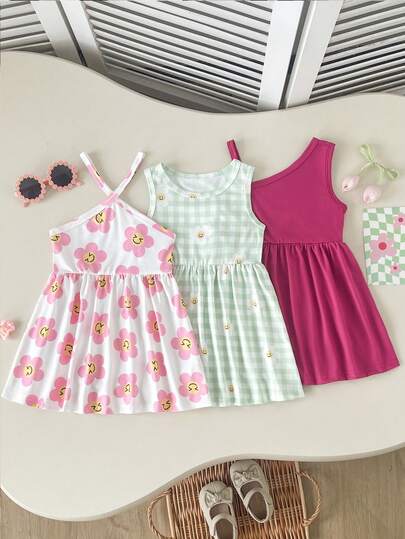 SHEIN Playful Pals 3pcs/Set Baby Girls' Fashion Dopamine Color Sleeveless Dress Set, Summer Outdoor