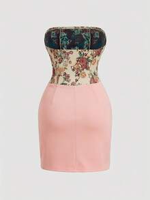 SHEIN MOD Vestido ajustado con escote bandeau en color champán profundo con patchwork de jacquard, vestido de resort para primavera/verano, atuendo para fiesta de vacaciones en talla grande - Rosa - Ver 2