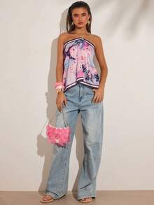 SHEIN BAE Áo kiểu nữ in hoa, cổ yếm, hở lưng, gợi cảm, đa năng, thích hợp cho hẹn hò và đi chơi. - Màu Hồng baby - Xem 3