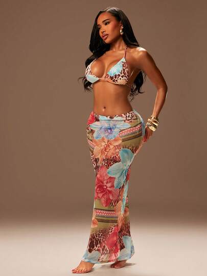 Radiana Women's Sexy Elegant Unique Tropical Island Resort Set, Bikini Set, Spaghetti Strap Triangle Cup Bikini Top + Tie-Side Triangle Bikini Bottom + Low-Waist Mesh Sarong Skirt 3-Piece Set, Beach Outfit, Resort Wear, Suitable For Island, Resort, Beach, Holiday Travel