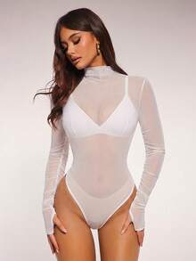 Radiana Damen sexy lässiges transparentes Mesh Langarm Bodysuit mit hohem Kragen, durchsichtiges Top, vielseitig kombinierbar, lässiger Alltags-Look, figurbetonter Slim Fit, geeignet für Nacht, Party, Club, Nachtclub, Cocktail, Festival, Urlaubsoutfit - Weiss - Übersicht 6