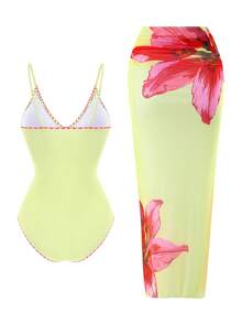 SHEIN Swim Oasis Bộ đồ bơi liền thân không gọng, dây mảnh, cạp cao, in kỹ thuật số, kèm chân váy dài bằng lưới, thích hợp cho kỳ nghỉ biển mùa xuân/hè. - Màu vàng - Xem 3