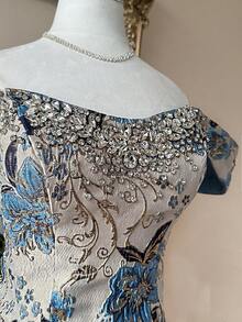 Lovelzi 优雅奢华提花缎面露肩抹胸连衣裙，饰以手工水钻，高腰蓬松A字裙摆，可调节系带，适合约会、单身派对、婚礼、返校、音乐会、下午茶等各种正式场合，女士短款鸡尾酒会礼服 - 藍色 - 查看 4