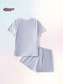 THE POWERPUFF GIRLS X SHEIN Maija Kids 2件套 女童卡通动物印花柔软针织圆领短袖T恤和松紧腰短裤 - 彩色 - 查看 4