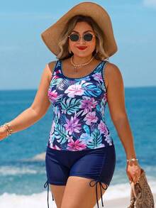 Swim Lushoire Plus Size Tropical Leaf Print Floral Trim Sexy Tankini Swimwear For Women - Navy Blue - View 4
