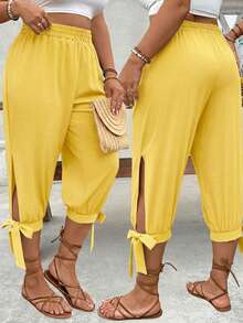 Breezaya Plus Size High Waist Drawstring 7/8 Pants, Spring/Summer - Yellow - View 1
