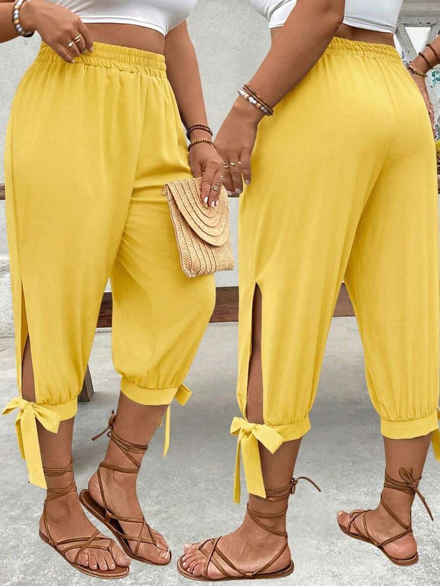 Breezaya Plus Size High Waist Drawstring 7/8 Pants, Spring/Summer - Yellow - View 1