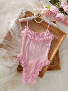 DAZY Lace & Mesh Patchwork Semi-Sheer Floral Decor Bodysuit, Fitted Spaghetti Strap Ruffle Trim Sexy Jumpsuit For Women - Pink - View 13
