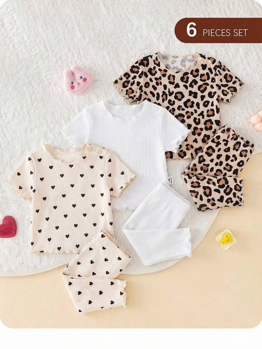 SHEIN 新生女宝宝可爱简约爱心图案荷叶边圆领短袖长裤针织睡衣套装,6件套 - 彩色 - 查看 1