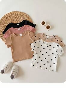5-Piece  Of Solid Color Heart Pattern Knitted Casual T-Shirts For Baby Girls (Multiple Pieces) - Multicolor - View 6