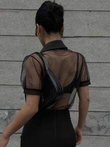 DAZY Áo sơ mi nữ tay dài cổ bẻ xuyên thấu - màu đen - Xem 2