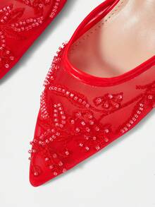 CUCCOO HITCHD Chaussures pour femmes quatre saisons avec broderie de perles, éléments en maille, bout pointu, talon fin, talon haut, élégantes, tempérament, mode, sexy, sandales à bride arrière, sandales à talon haut pour dames, talon exposé, élégantes, tempérament, mariage, après-midi, thé, fête, Saint-Valentin, demoiselles d'honneur, mariée, chaussures de mariage, port élégant - Rouge - Voir 5