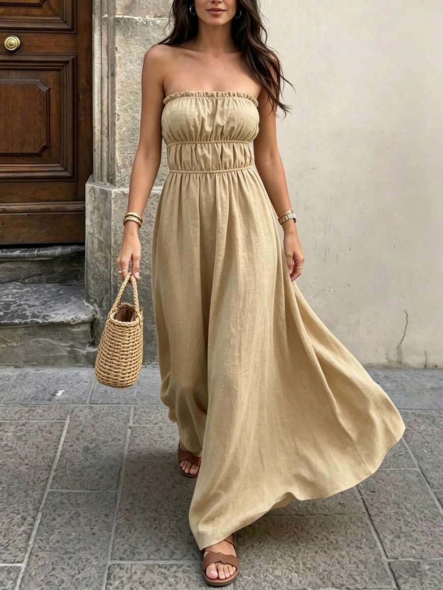 Pariaura Vestido largo sin tirantes de estilo resort para mujer, primavera y verano - Opción de tela tejida multicolor, diseño sin tirantes fruncido elástico, falda suelta y drapeada, vestido estilizador y alargador para viajes a la playa y uso casual diario