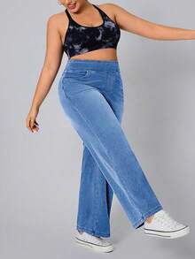 SHEIN CURVE+ Quần jean denim dệt kim co giãn dáng thường ngày dành cho nữ cỡ lớn - Rửa nhẹ - Xem 5