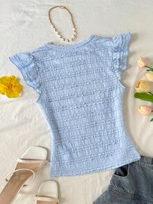 Teen Girl Casual Everyday Comfortable Fitted Round Neck Sleeveless Top - Baby Blue - View 2