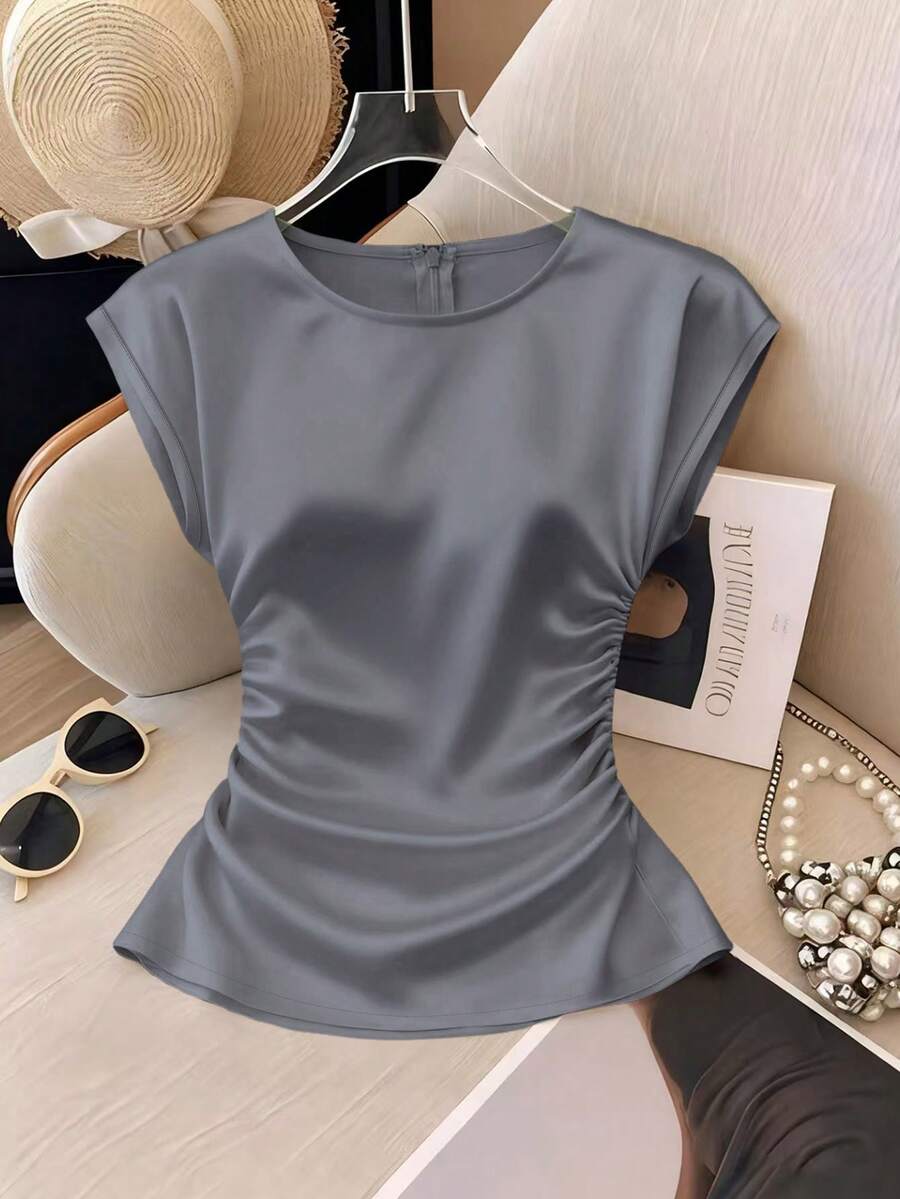 Franclia Blusa elegante de mujer con cuello redondo, cintura ceñida, plisada, de manga corta, versátil y de color melocotón claro sólido - Gris Claro - Ver 1